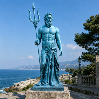 Classical bronze Poseidon statue installed in a formal museum garden or cultural institution courtyard