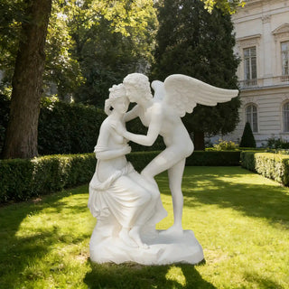 White marble Cupid and Psyche statue depicting classical Roman mythology love scene for garden decor