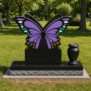 VSM-164 butterfly black marble headstone with colorful purple wings and a matching memorial flower vase
