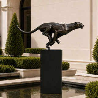Modern handcrafted bronze black panther sculpture in dynamic running pose with pedestal VSB-149