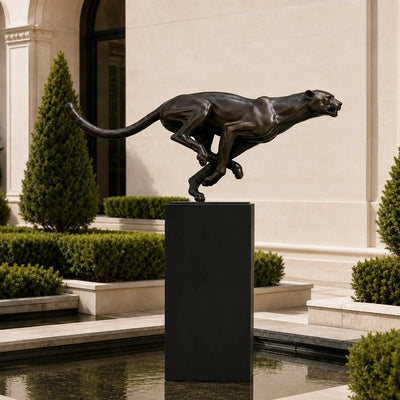 Modern handcrafted bronze black panther sculpture in dynamic running pose with pedestal VSB-149
