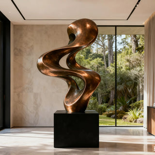 Contemporary abstract bronze sculpture with dynamic curved twist design, elegant metal artwork