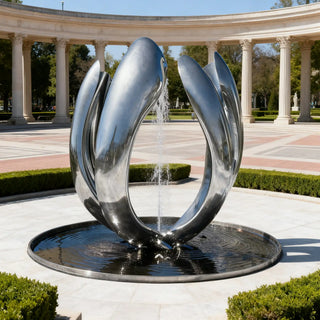 Mirror-polished stainless steel petal-ring fountain sculpture for luxury gardens, villa courtyards