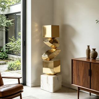 Contemporary gold stainless steel sculpture with marble pedestal for modern living room decor VSS-111