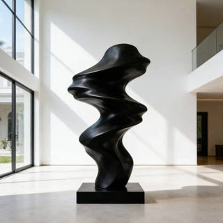 Black stainless steel abstract sculpture for luxury modern interior and outdoor garden spaces.