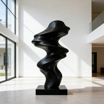 Black stainless steel abstract sculpture for luxury modern interior and outdoor garden spaces.