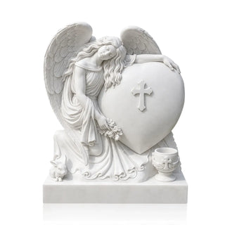 White marble angel grave monument with heart shaped memorial stone for cemetery use VSM-43
