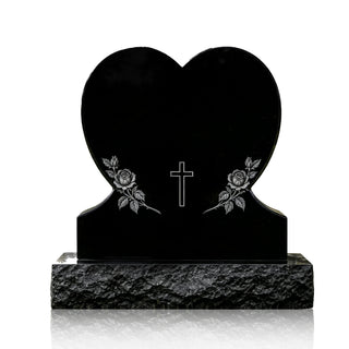 Black granite double heart headstone monument with engraved roses and cross for cemetery gravesites