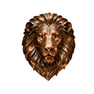 Custom bronze lion wall sculpture showcasing textured patina, and premium metal animal artwork.