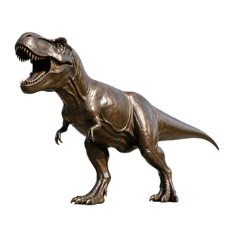 Bronze dinosaur sculpture in a theme park as a realistic T. rex visitor attraction and outdoor landmark