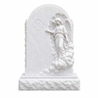 Hand-carved Carrara white marble angel headstone with guardian angel relief for a custom cemetery memorial