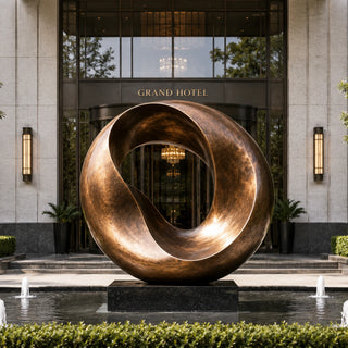 Large abstract bronze ring sculpture featuring a modern circular loop design for contemporary outdoor spaces