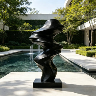 Black stainless steel abstract sculpture for luxury modern interior and outdoor garden spaces.