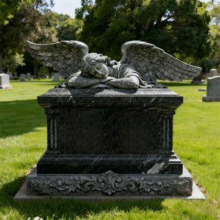 Hand-carved dark gray marble sleeping angel gravestone, elegant cemetery memorial monument VSM-47.