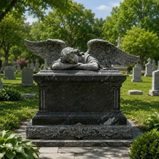 Hand-carved dark gray marble sleeping angel headstone, elegant cemetery memorial monument VSM-47