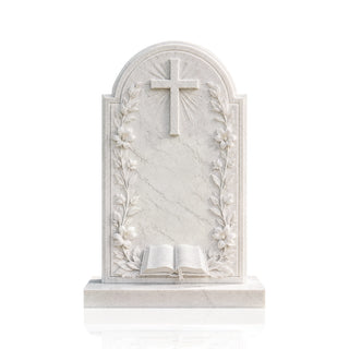 Marble Christian headstone featuring a cross and floral relief carvings for memorial cemetery