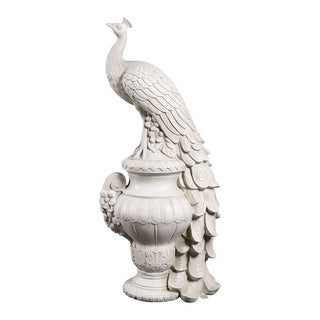 Hand-carved white marble peacock sculpture with classical urn for luxury garden decor VSM-118