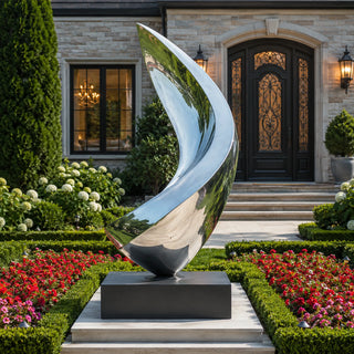 Mirror polished stainless steel flame sculpture with elegant flowing curves for modern outdoor landscapes