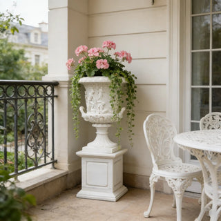 victory sculpture Hand-carved mythological relief marble urn with pedestal for luxury garden decor