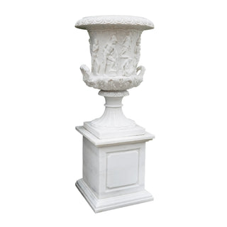 victory sculpture Hand-carved mythological relief marble urn with pedestal for luxury garden decor