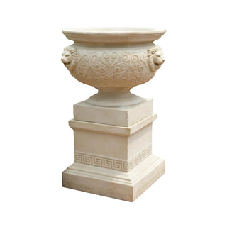 Stone flowerpot featuring classical lion head carvings for villas, hotel entrances, and landscaped gardens.