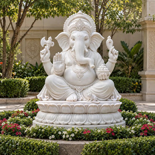 VICTORY White Marble Ganesha Statue Seated on Lotus Base for Garden Decor VSM-172