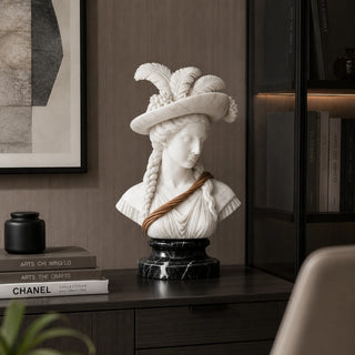Elegant woman marble bust displayed in modern luxury interior, handcrafted marble sculpture for home decor