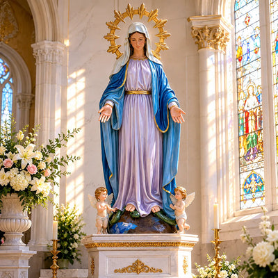 fiberglass Virgin Mary statue with two cherub angels, indoor catholic altar religious sculpture for church chapel decor