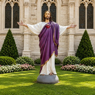 Fiberglass Sacred Heart of Jesus statue with open outstretched arms, outdoor catholic religious sculpture for church, cemetery.