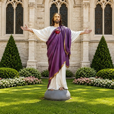 Fiberglass Sacred Heart of Jesus statue with open outstretched arms, outdoor catholic religious sculpture for church, cemetery.