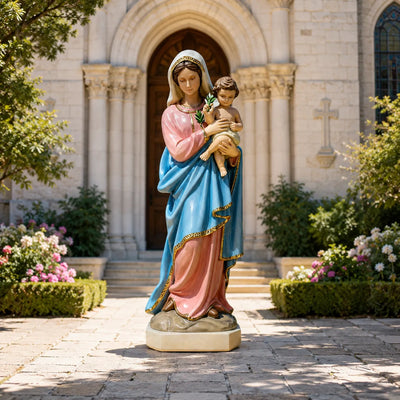 fiberglass Virgin Mary holding Jesus statue, outdoor catholic religious sculpture for church entrance.