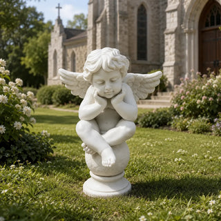 Victory Sculptures VSM-02 White marble cherub statue for garden and outdoor decor