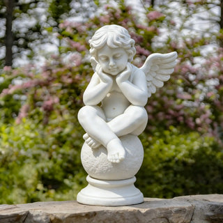 Victory Sculptures VSM-02 White marble cherub statue for garden and outdoor decor