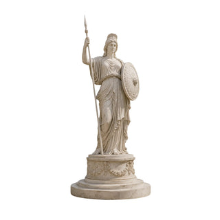 Classical marble Athena statue with shield and spear, Greek goddess sculpture for luxury gardens.