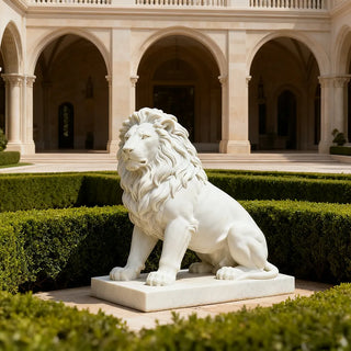 Outdoor marble lion sculpture placed in a luxury garden as an elegant decorative entrance statue