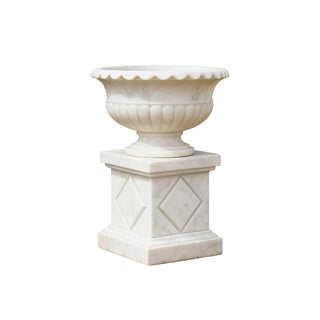 VICTORY Classic white marble fluted flowerpot with geometric pedestal for outdoor garden