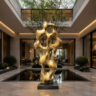 Gold leaf stainless steel sculpture with an irregular vertical form and contemporary artistic design