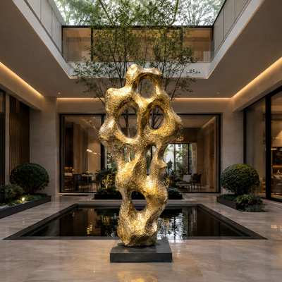 Gold leaf stainless steel sculpture with an irregular vertical form and contemporary artistic design
