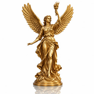 Golden bronze Winged Victory goddess statue with large spread wings perfect for a grand estate entrance.