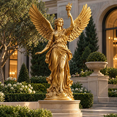 Golden bronze Winged Victory goddess statue with large spread wings perfect for a grand estate entrance.