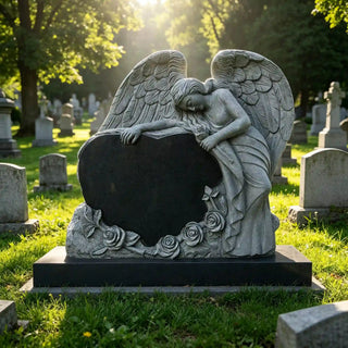 Black granite heart headstone with marble angel and rose carving for cemetery memorial