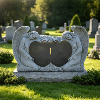 Black granite heart headstone with marble angel and rose carving for cemetery memorial