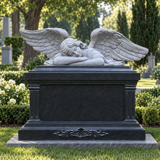 Hand-carved gray black marble sleeping angel headstone, elegant cemetery memorial monument VSM-47