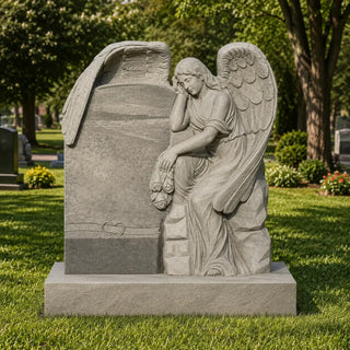 VSM-163 gray granite angel headstone with a mourning angel, carved roses and upright cemetery memorial tablet