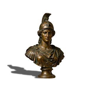 Greek goddess Athena bronze bust sculpture with vintage patina finish, elegant art for luxury interiors