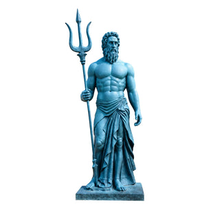 Classical bronze Poseidon statue installed in a formal museum garden or cultural institution courtyard