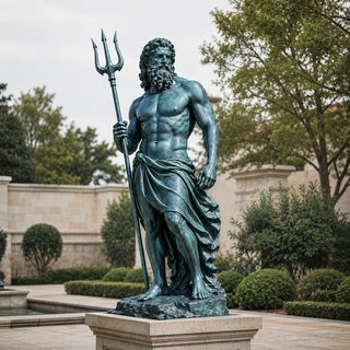 Large bronze Poseidon statue with blue patina finish holding a trident for luxury outdoor garden and waterfront landscape