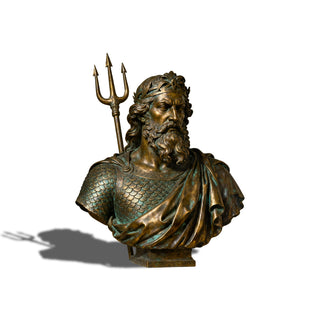 Greek god Poseidon bronze bust sculpture, vintage patina finish, classical art for luxury interiors