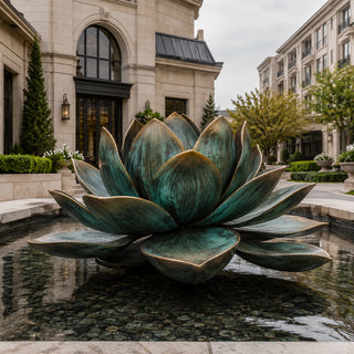 Green patina lotus pond sculpture designed for garden water features and outdoor landscape projects