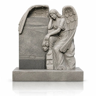 VSM-163 gray granite angel headstone with a mourning angel, carved roses and upright cemetery memorial tablet